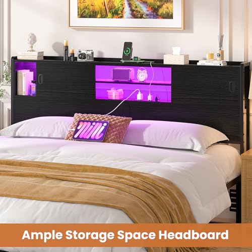 Black Queen Size Storage Headboard with Outlet USB and LED Light N243