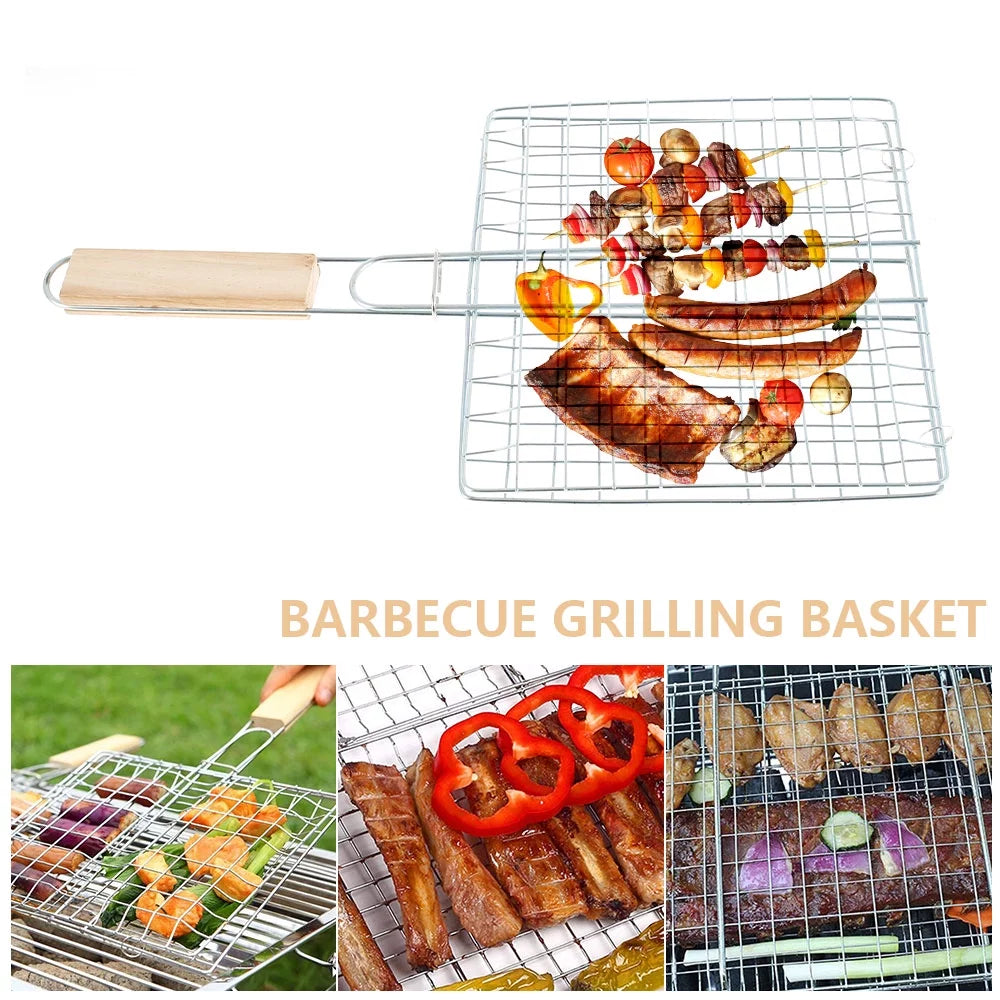Stainless Steel Folding Barbecue Grilling Basket with Wooden Handle E128383