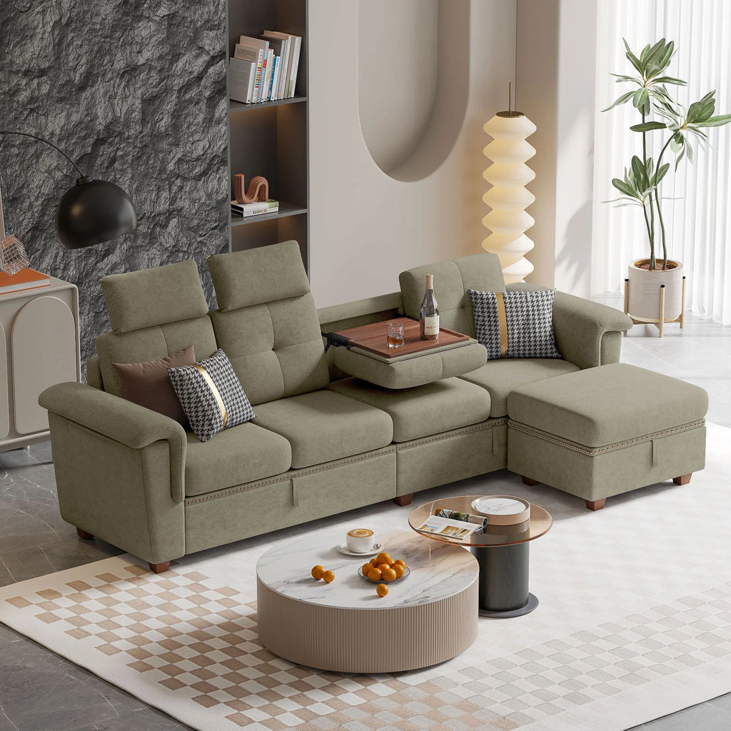 Light Gray L-Shaped Sectional Sofa with Ottoman I7295