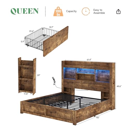 Queen Bed Frame with 4 Storage Drawers and Bookcase Headboard N61115