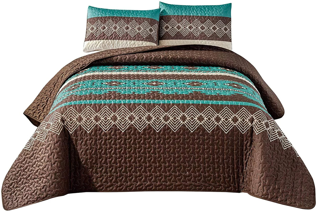 Beige Teal Blue Embroidered Bedspreads Queen 3 Count U53817