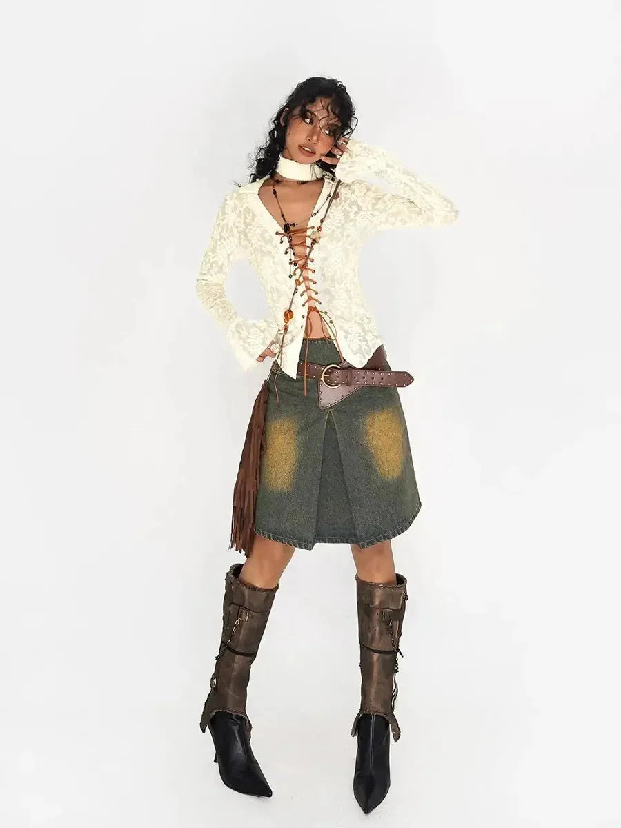 Denim Distressed Mid Thigh Skirt J8964