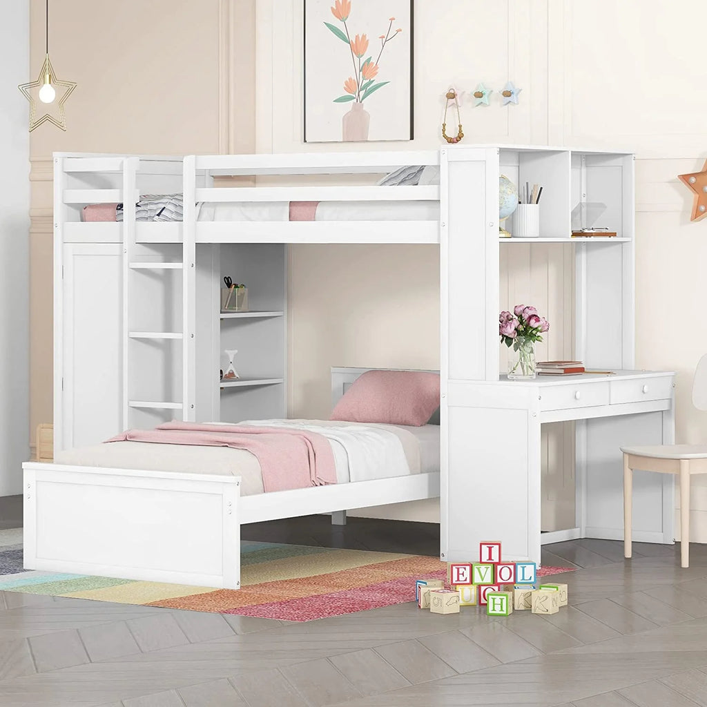 White Wooden Over Bunk Bed with Desk and Drawers Y690758