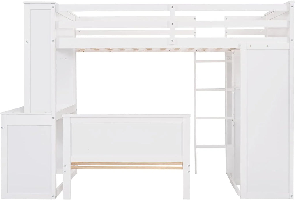 White Wooden Over Bunk Bed with Desk and Drawers Y690758