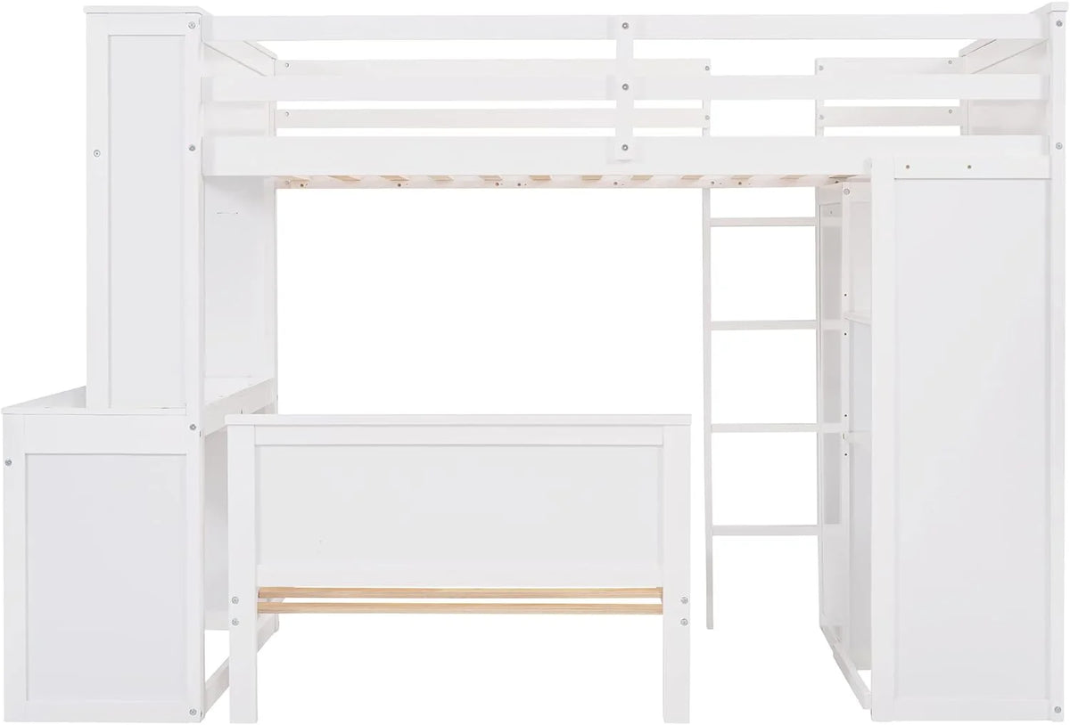 White Wooden Over Bunk Bed with Desk and Drawers Y690758