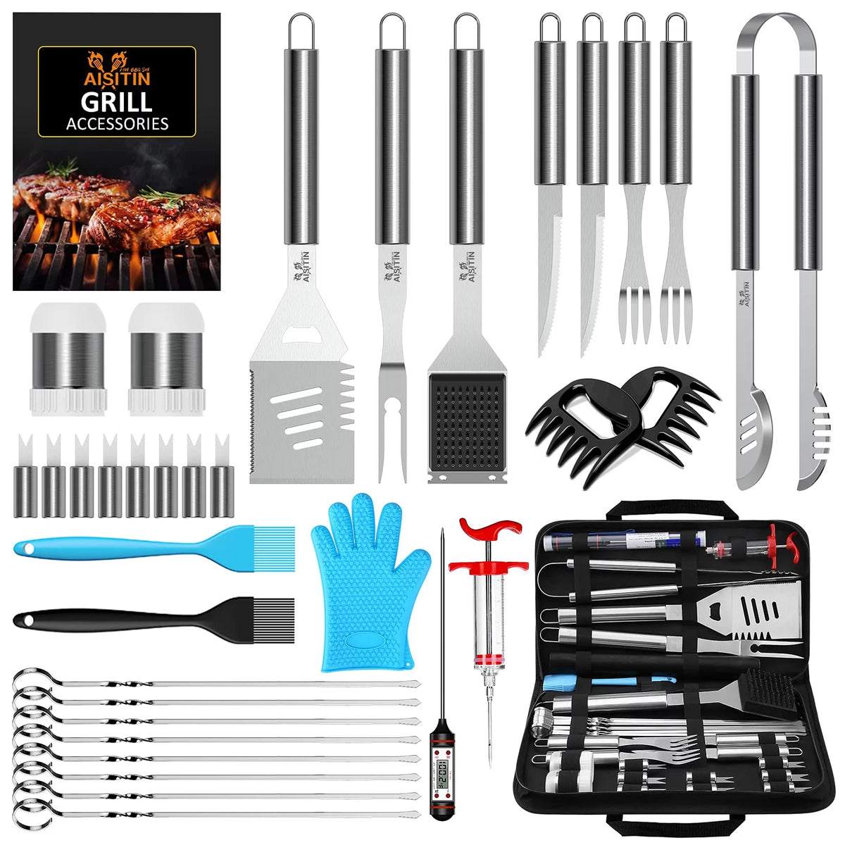 35 Pcs BBQ Grill Accessories Set with Thermometer, Fork, Tongs V895