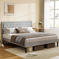 Queen Size Platform Bed Frame with Upholstered Headboard, Button Tufted Design, Light Grey I423588