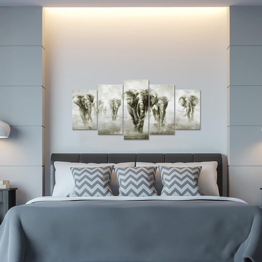 5 Panel Black and White Grey Elephant Canvas Wall Art V720971