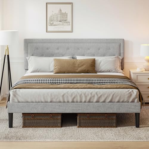 Queen Size Platform Bed Frame with Upholstered Headboard, Button Tufted Design, Light Grey I423588
