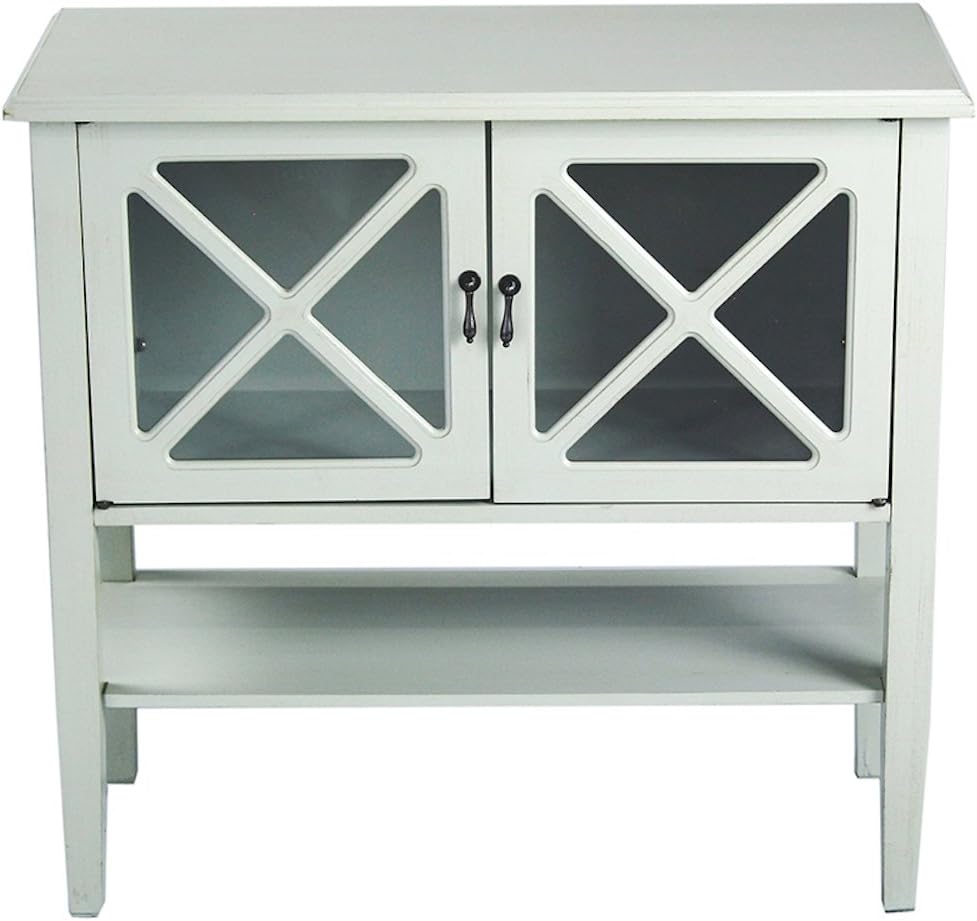 2 Door Accent Console Cabinet with X Pane Glass Insert and Bottom Shelf Seafoam Green B4921