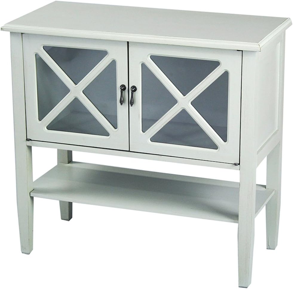 2 Door Accent Console Cabinet with X Pane Glass Insert and Bottom Shelf Seafoam Green B4921