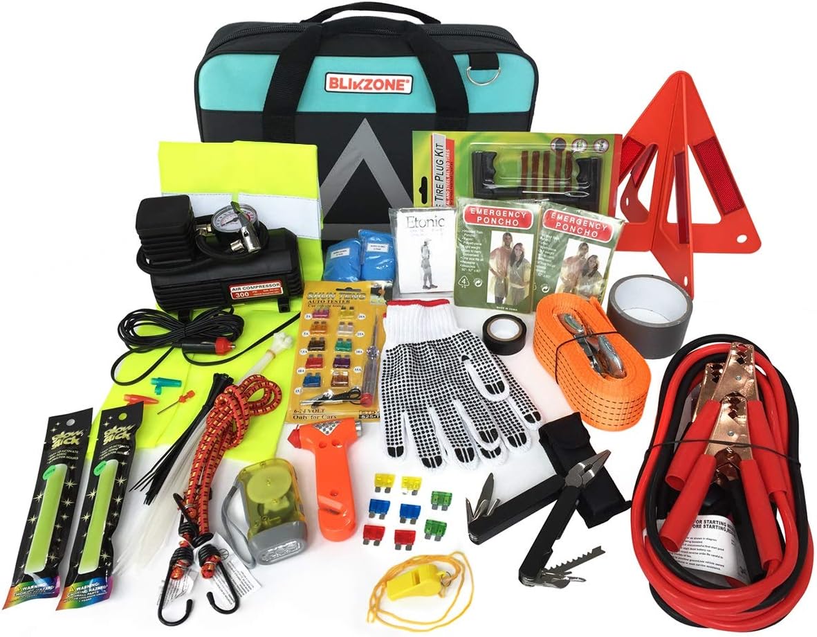 82 Pc Auto Roadside Emergency Car Kit with Tire Repair Kit, Jumper Cables, Portable Air Compressor, Tow Strap, Emergency Triangle T709