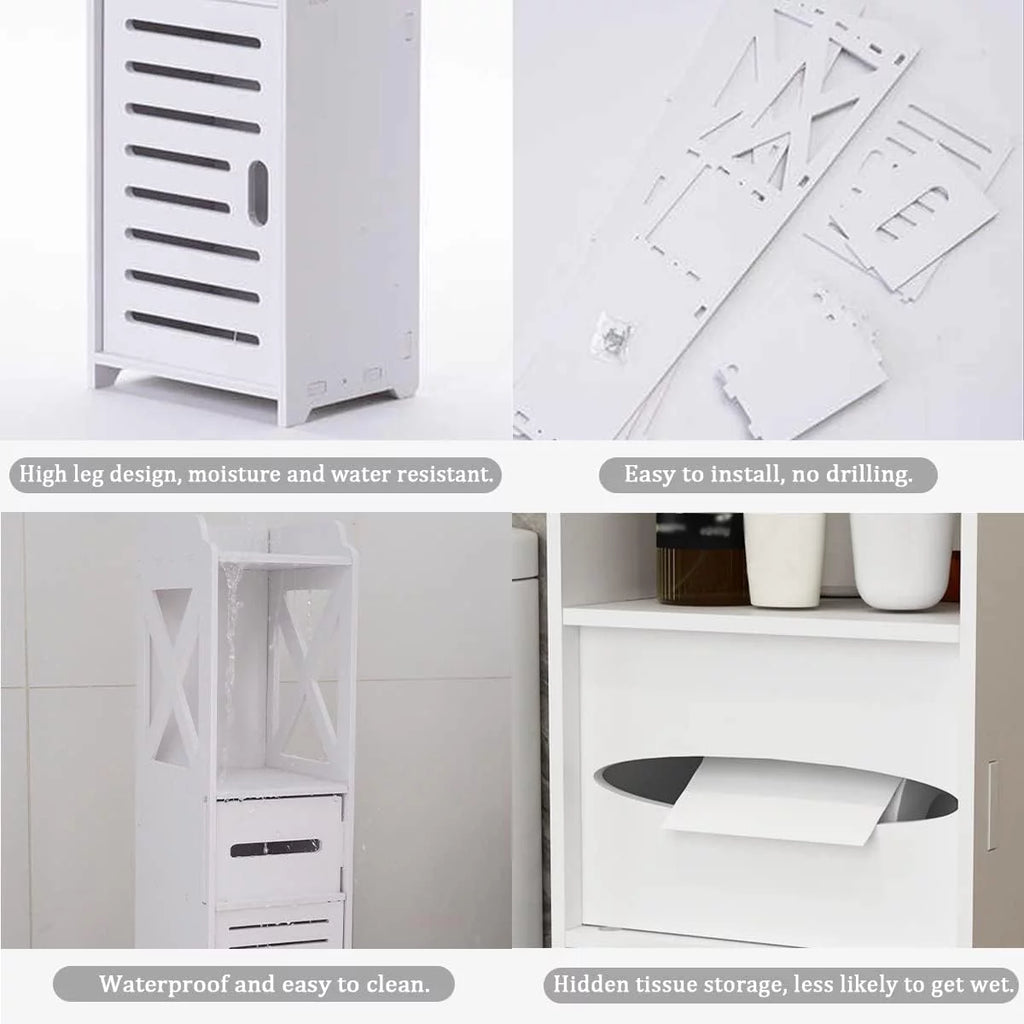 White 4 Tier Bathroom Storage Cabinet with 1 Door and 3 Shelves P7498