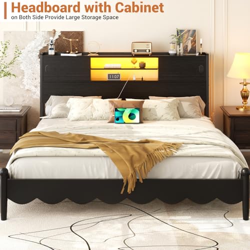 Black Queen Size Storage Headboard with Outlet USB and LED Light N243