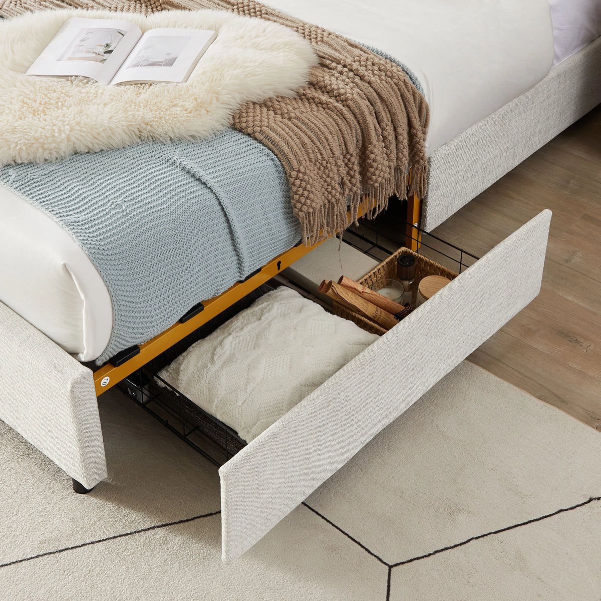 Light Gray Full-Size Metal Platform Bed Frame with Storage Drawers D57945