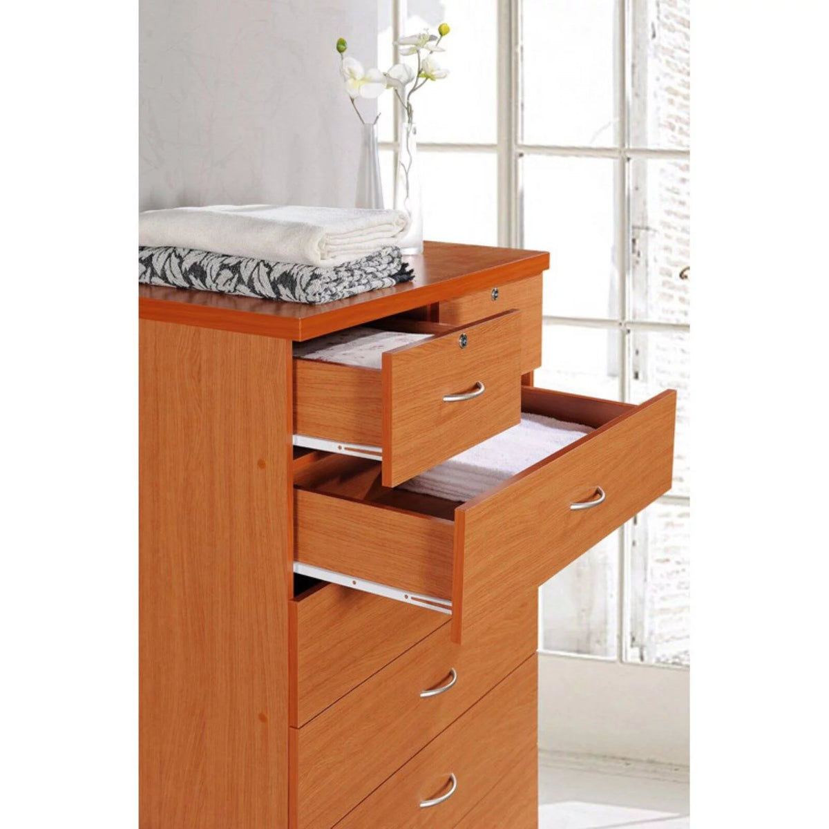7 Drawer Wooden Jumbo Dresser Chest with 2 Top Locks, Cherry J6235