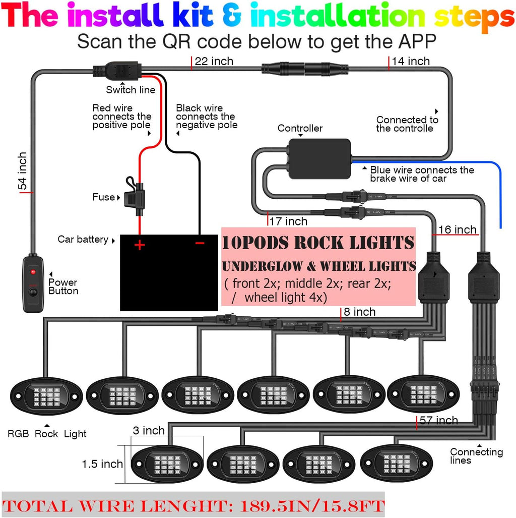 10-pods Trucks LED RGB Neon Underglow Rock Lights Kit, Dual-Zone, 160LEDs, 2-in-1 Line, Waterproof 12V, Pack of 2 J7665