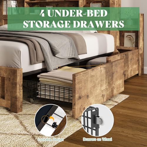 Queen Bed Frame with 4 Storage Drawers and Bookcase Headboard N61115