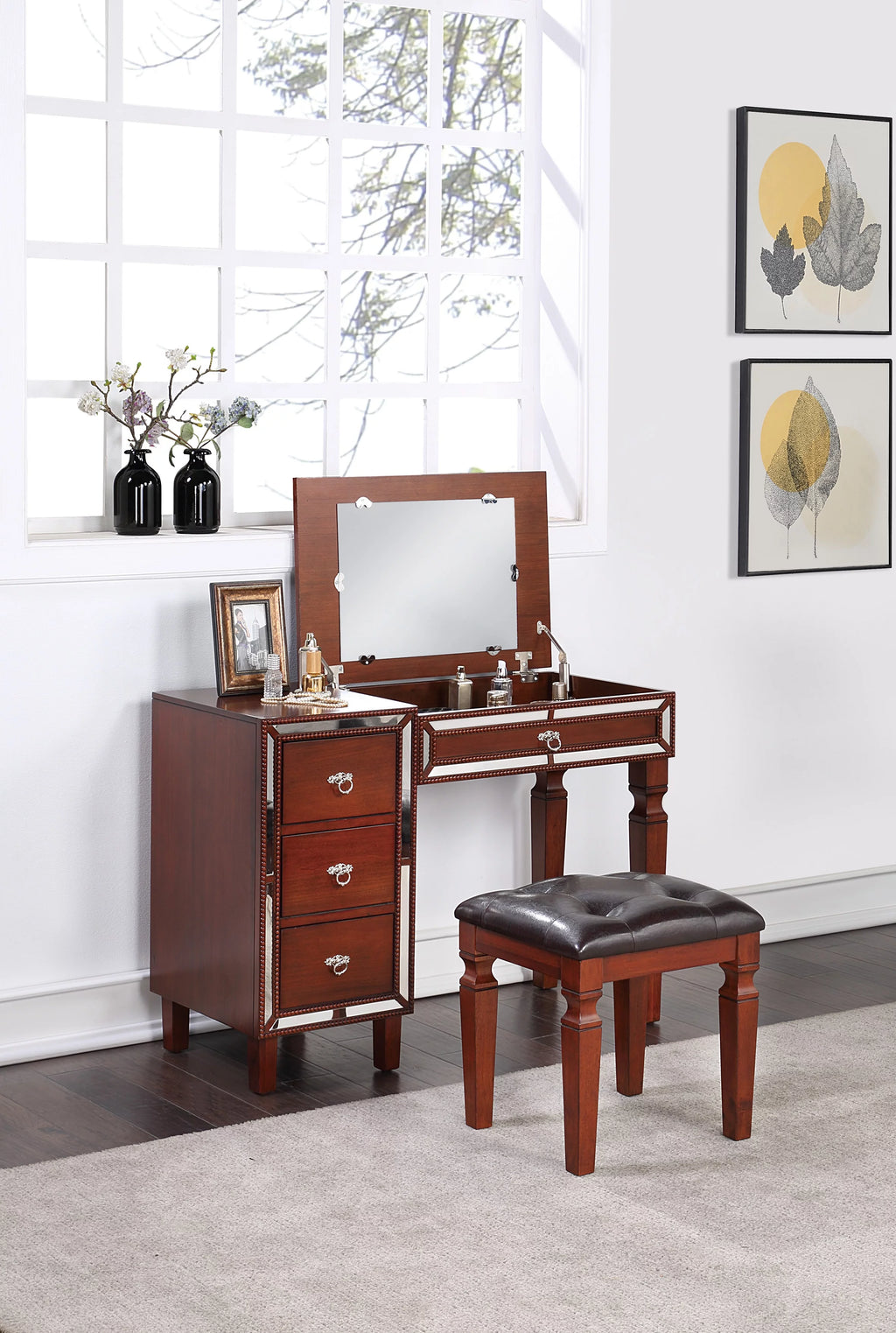Cherry Color Vanity Set with Stool and Storage Drawers A12307