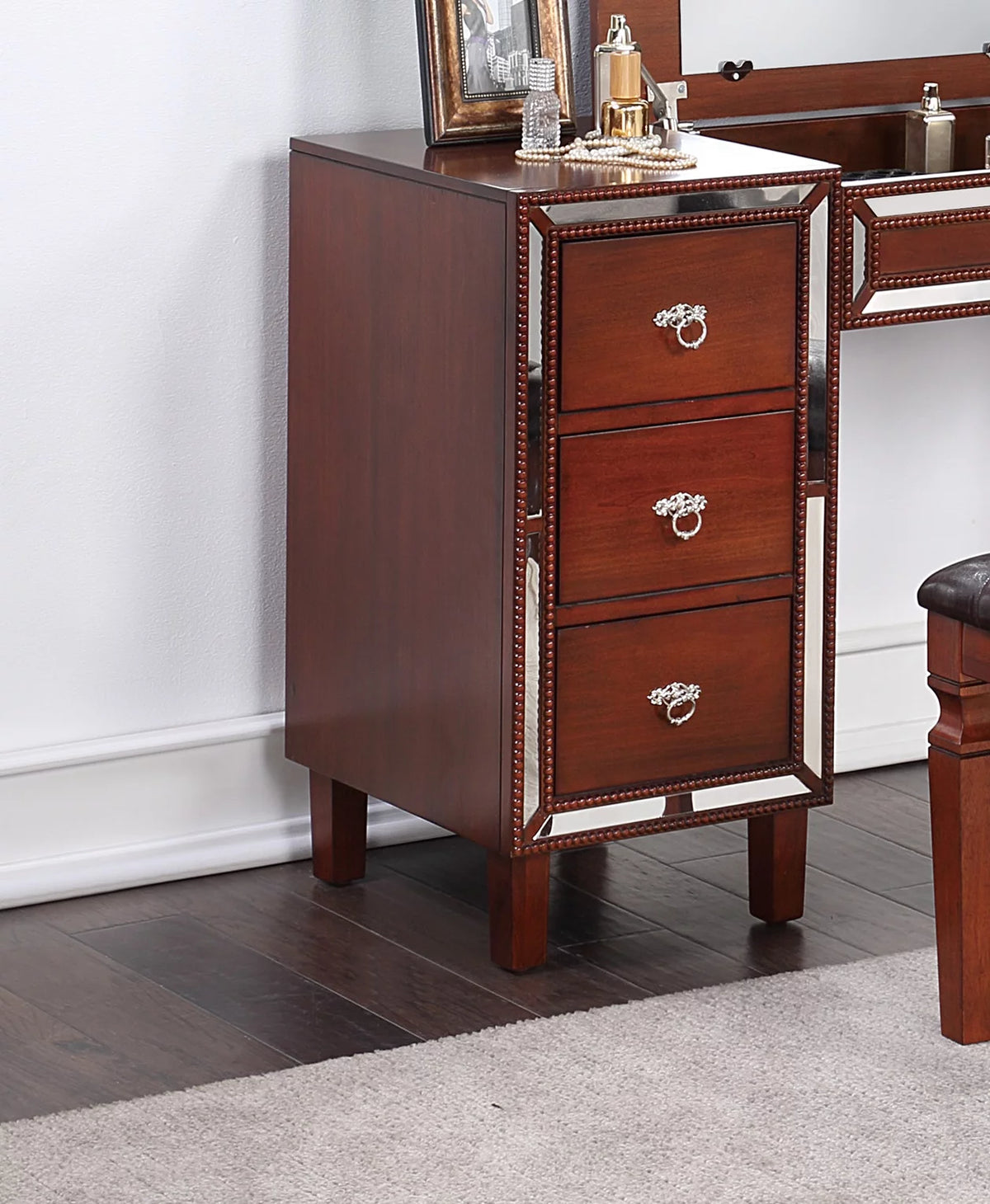 Cherry Color Vanity Set with Stool and Storage Drawers A12307