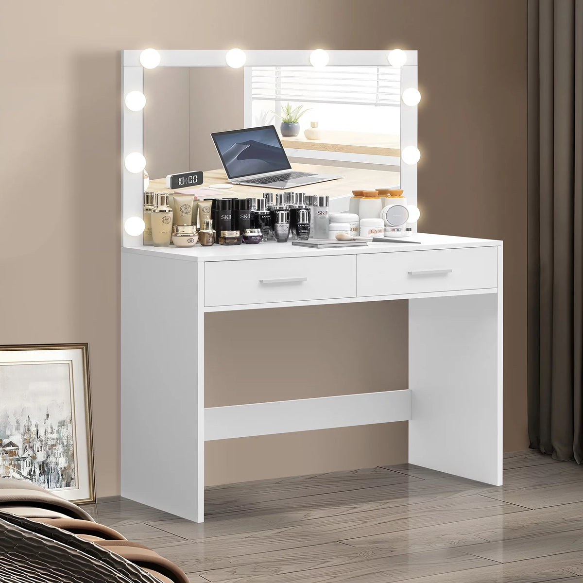 White Makeup Vanity Desk with Lighted Mirror and 2 Drawers R85126