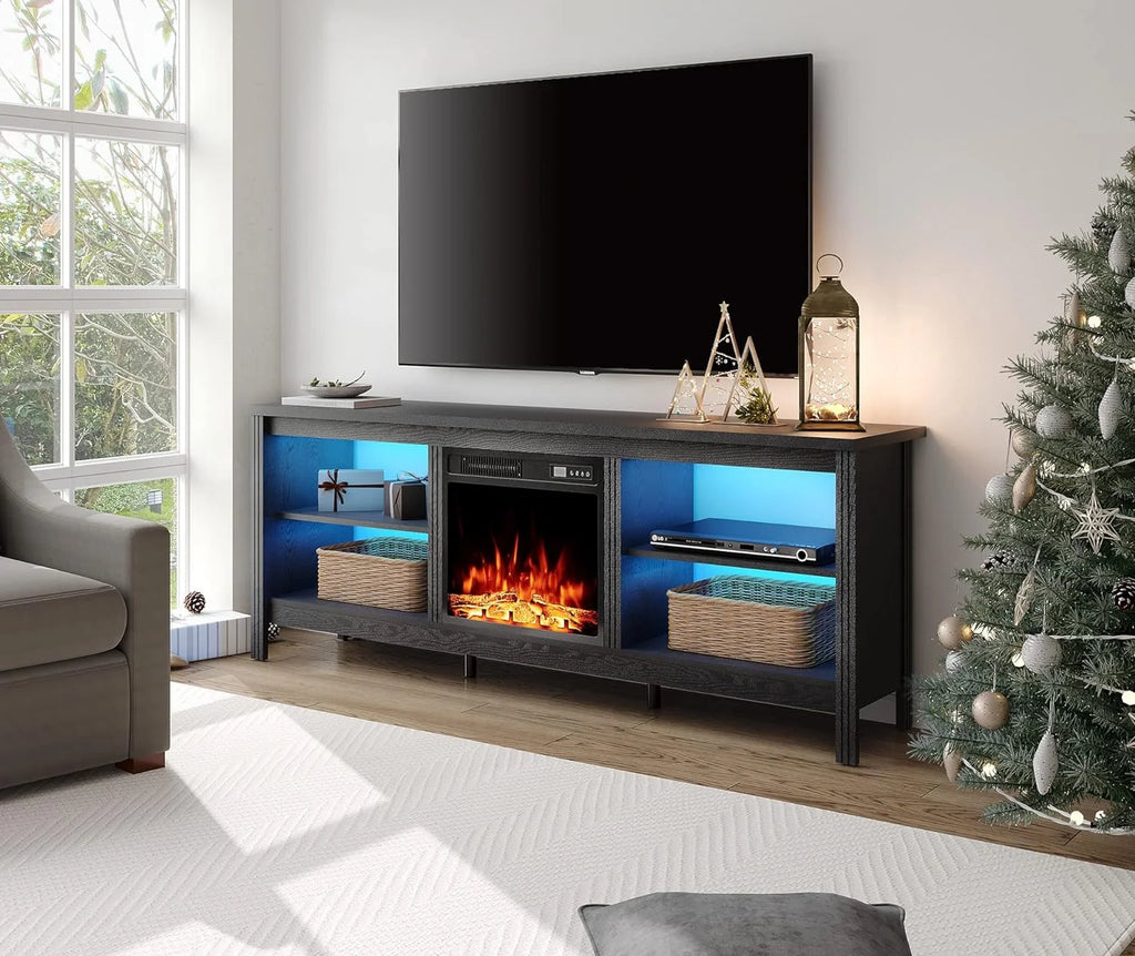 Black Wood Fireplace TV Stand with LED Lights and Storage R967