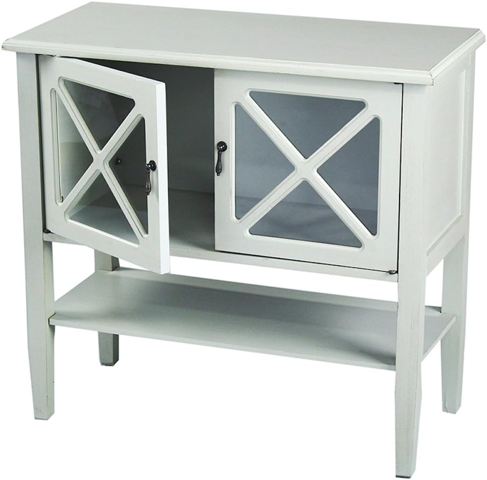 2 Door Accent Console Cabinet with X Pane Glass Insert and Bottom Shelf Seafoam Green B4921