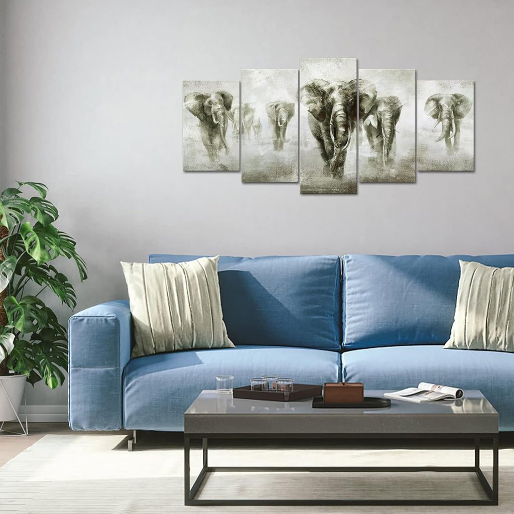 5 Panel Black and White Grey Elephant Canvas Wall Art V720971