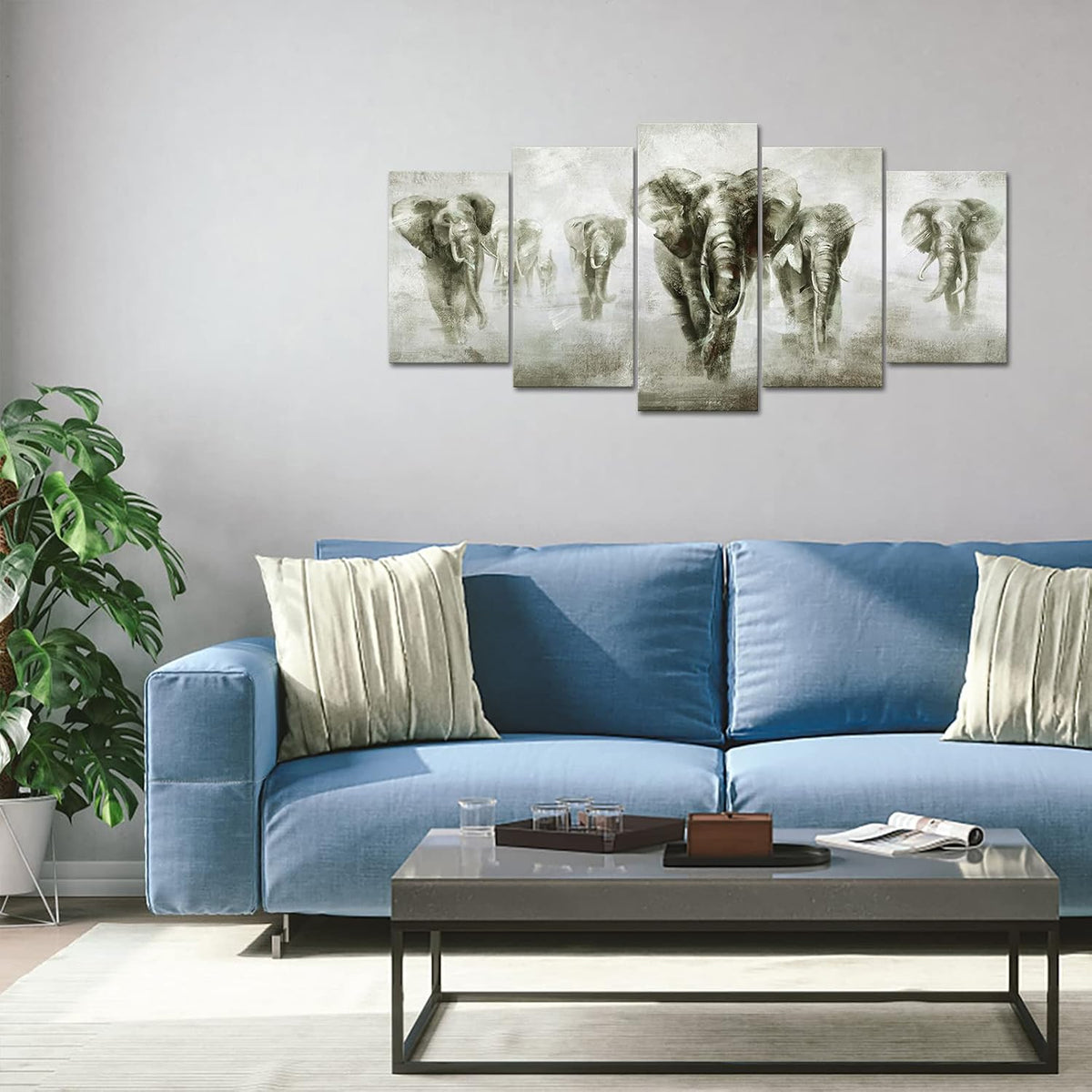 5 Panel Black and White Grey Elephant Canvas Wall Art V720971