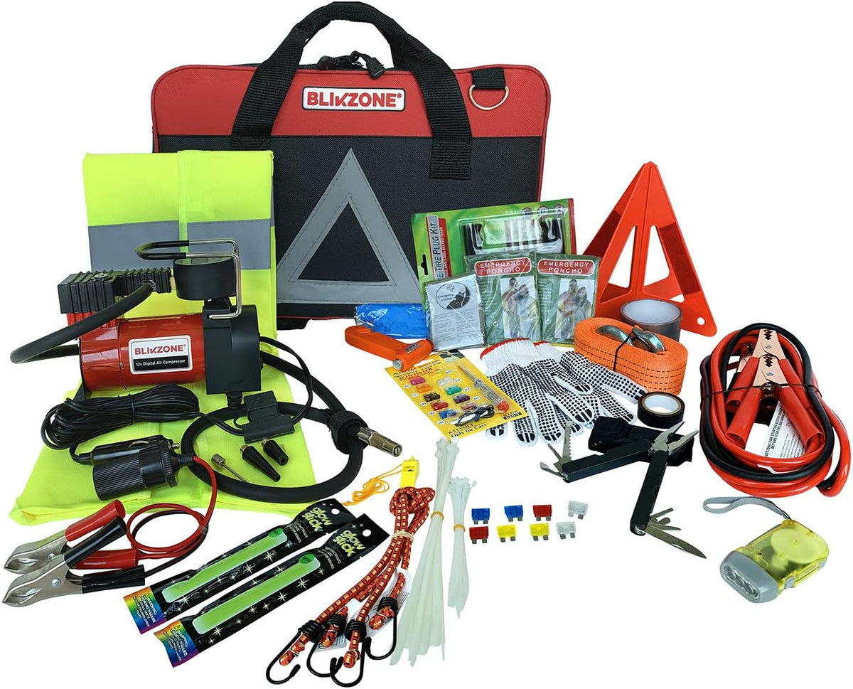 82 Pc Auto Roadside Emergency Car Kit with Tire Repair Kit, Jumper Cables, Portable Air Compressor, Tow Strap, Emergency Triangle T709