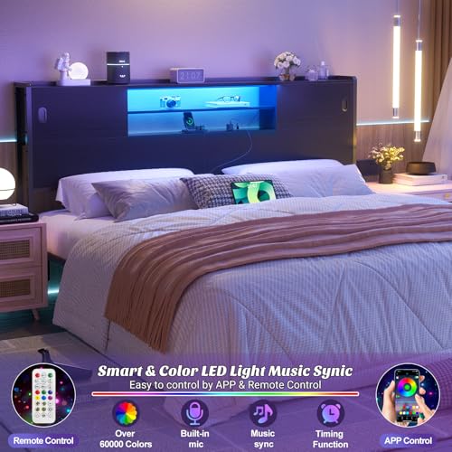 Black Queen Size Storage Headboard with Outlet USB and LED Light N243