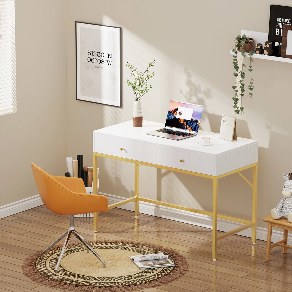 White and Gold Vanity Desk with Drawers B722425