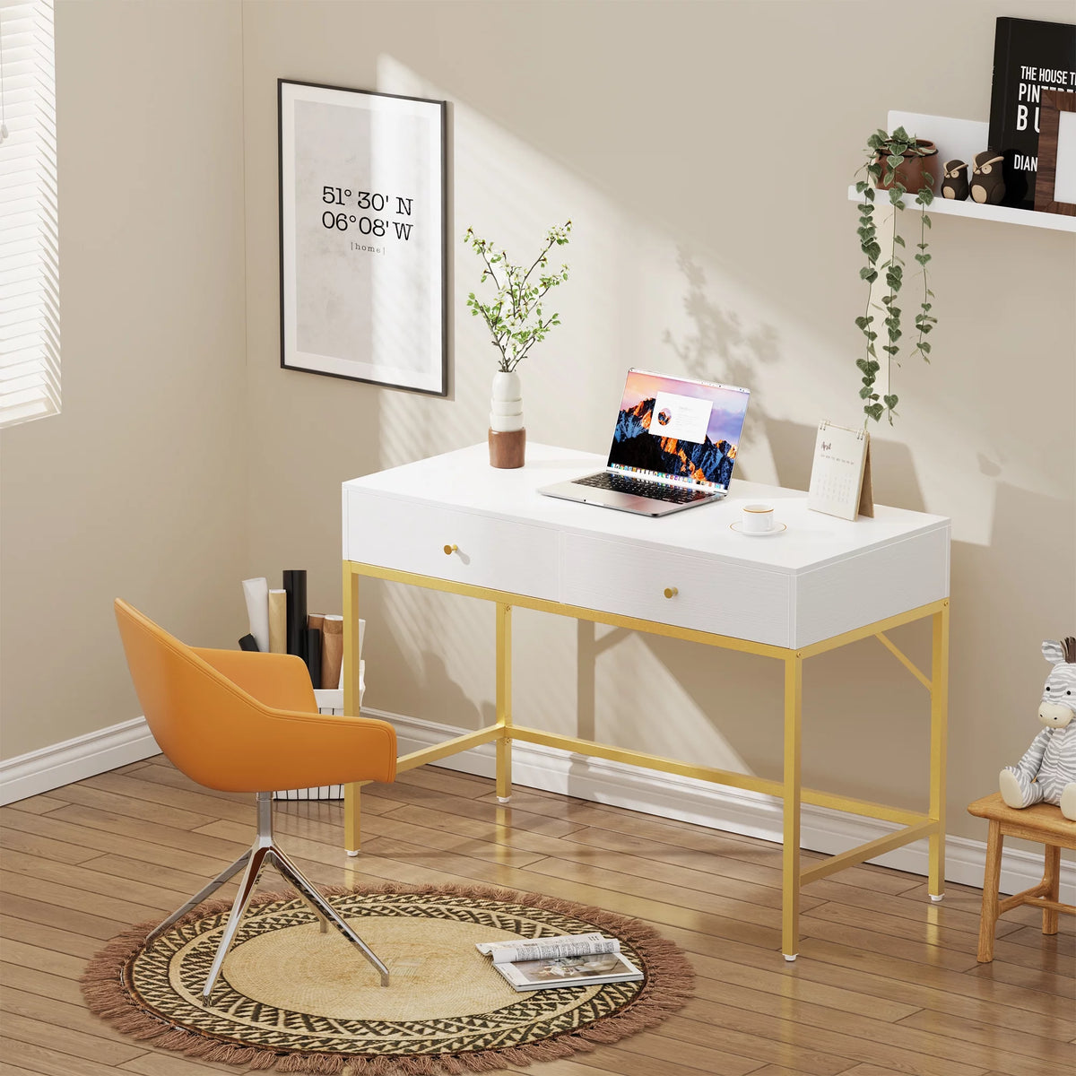 White and Gold Vanity Desk with Drawers B722425
