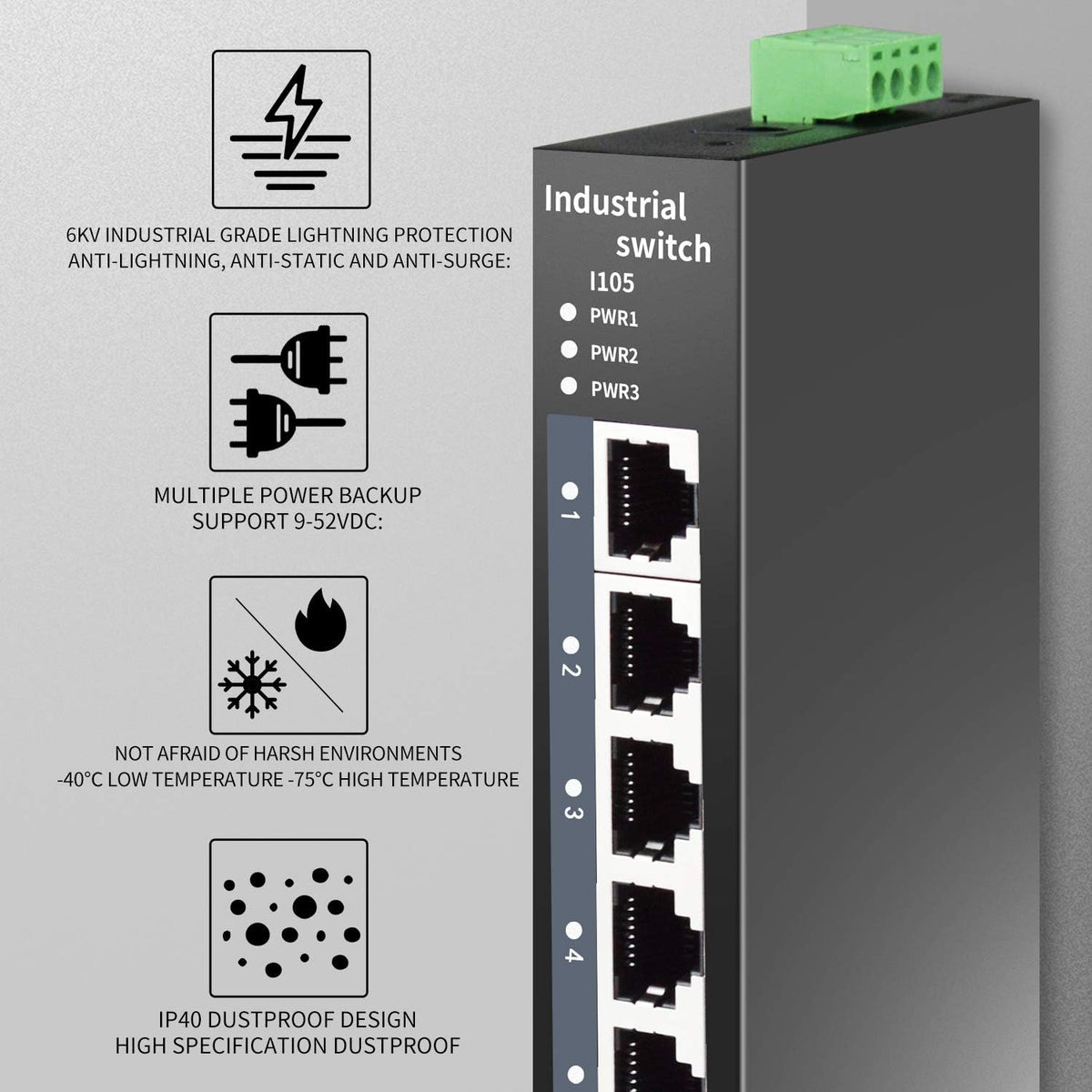5-Port Hardened Industrial DIN-Rail Switch, 100Mbps, Pack of 2 V8661