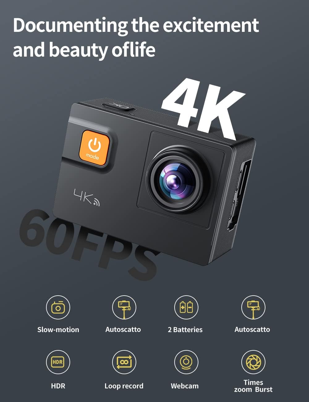 4K 60FPS 20MP Touch Screen 8X Zoom Waterproof Action Camera with Carrying Case I577