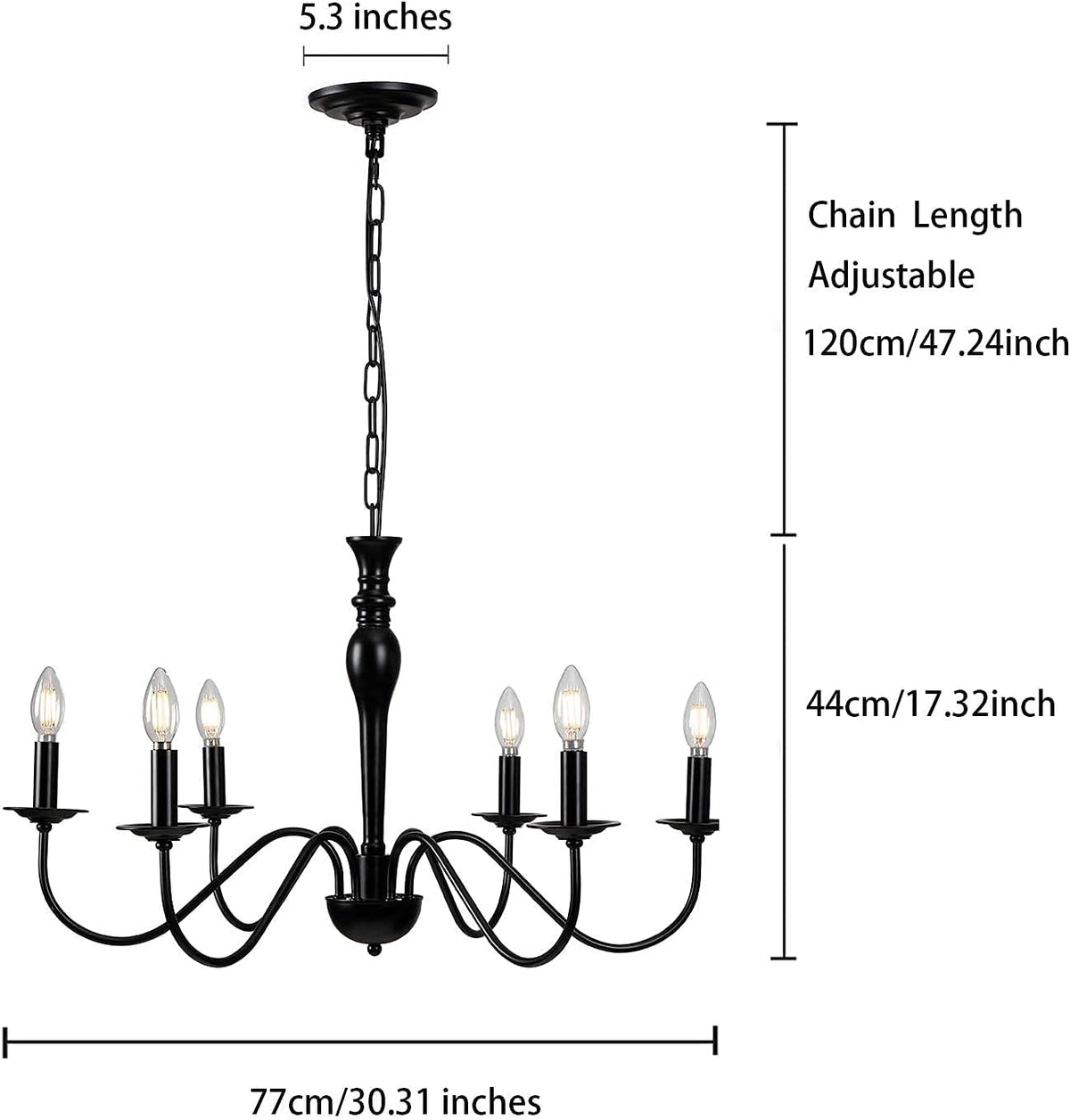 Rustic Farmhouse 6-Lights Black Metal Candle Chandelier L4383