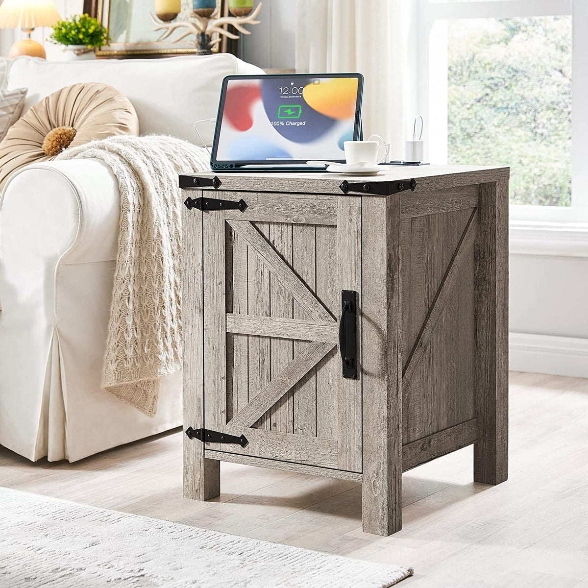 Large Wood Metal End Side Table with Charging Station V935