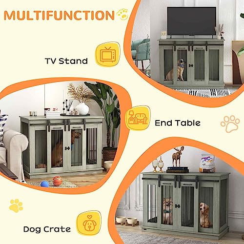 Large Dog Crate Furniture with Divider, Double Doors, 47" W x 23.5" D x 35" H, Oak Q350287