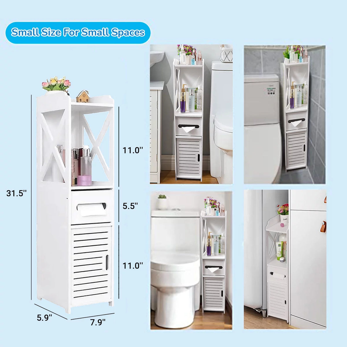 White 4 Tier Bathroom Storage Cabinet with 1 Door and 3 Shelves P7498