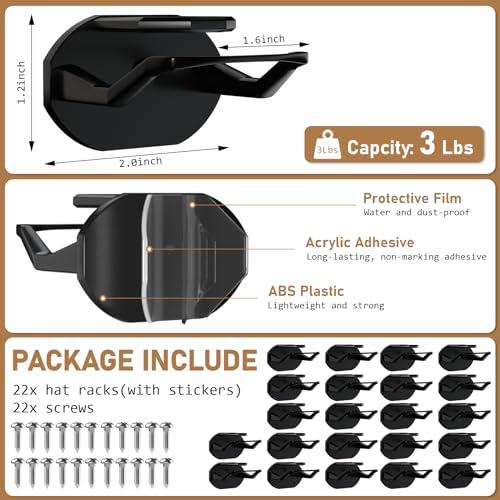 22 Pack Adhesive Black Hat Hooks for Wall C1925