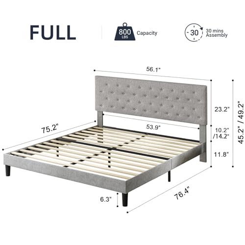 Queen Size Platform Bed Frame with Upholstered Headboard, Button Tufted Design, Light Grey I423588