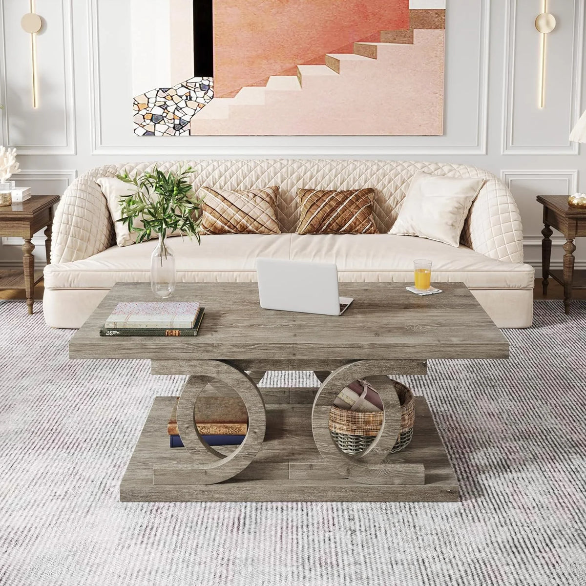 47 Inches Farmhouse Wood Coffee Table with Storage Shelf Z652