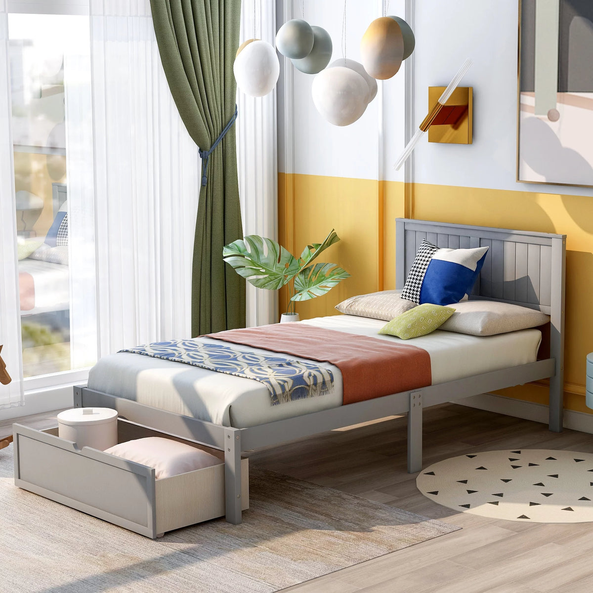 Gray Twin Wood Platform Bed with Headboard and Storage Drawer V510465