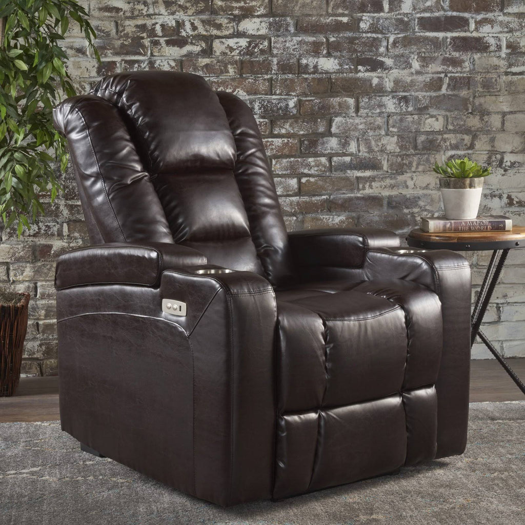 Brown Leather Power Recliner with Arm Storage and USB U2862