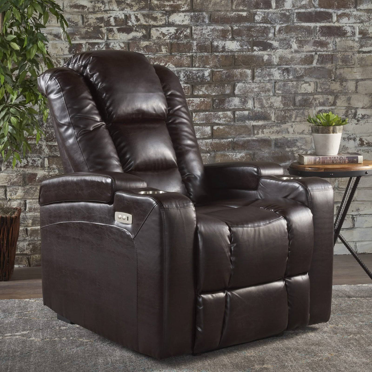 Brown Leather Power Recliner with Arm Storage and USB U2862