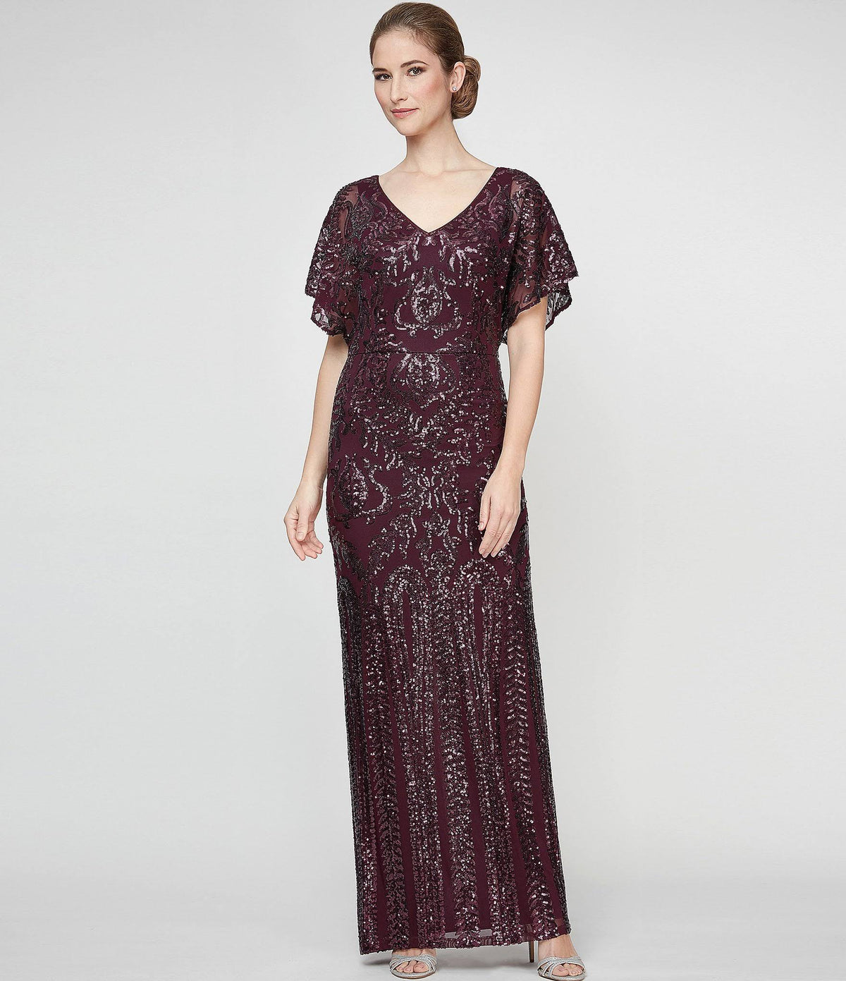 Sequin Flutter Sleeve Back Slit V-Neck Long Gown X497634