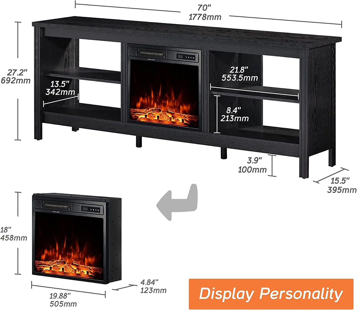 Black Wood Fireplace TV Stand with LED Lights and Storage R967