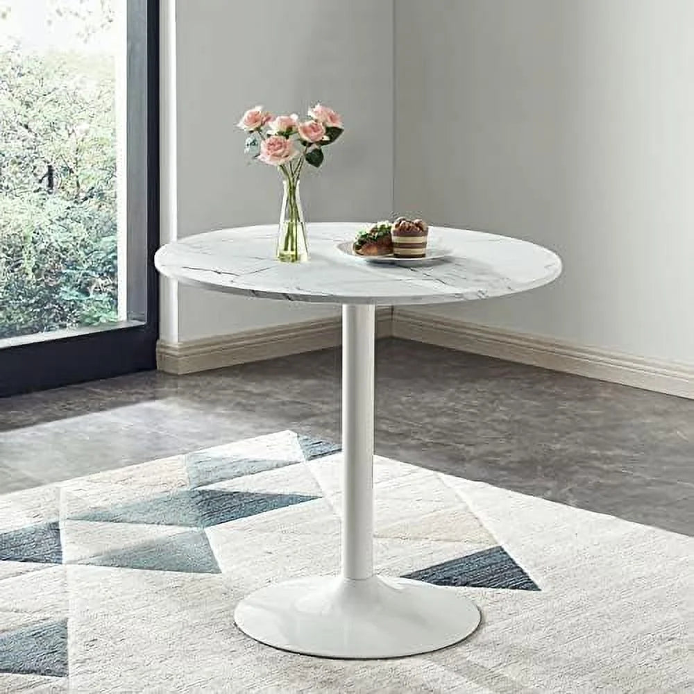 White Round Dining Table with Faux Marble Top B369236