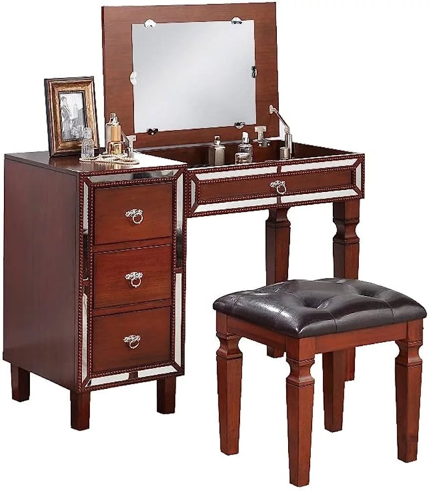 Cherry Color Vanity Set with Stool and Storage Drawers A12307