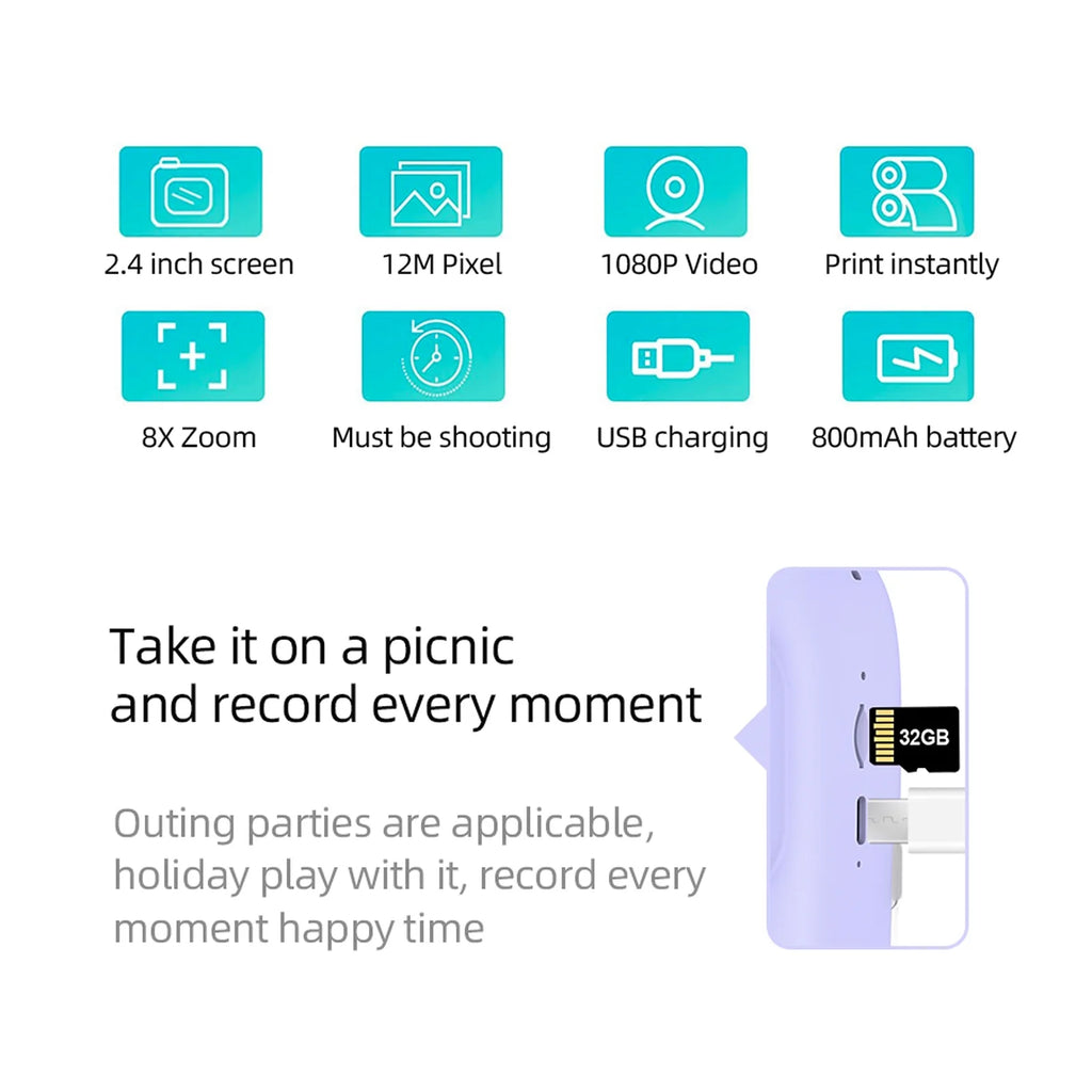 Instant Camera with Dual Lenses, 12MP, 32GB Memory, 3 Printing Paper Rolls M888188